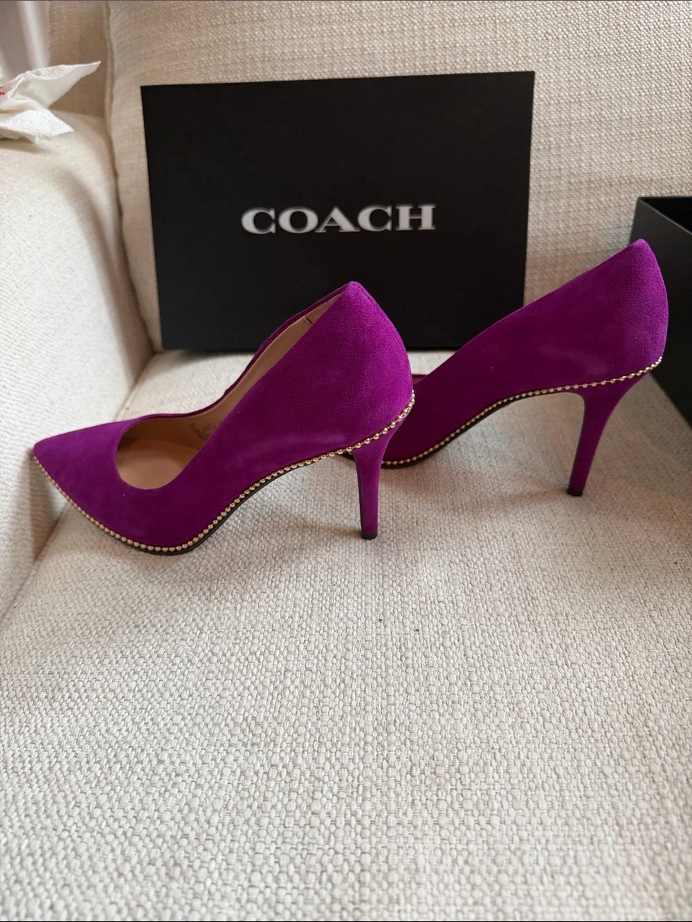 Coach Fuchsia Suede Pointed-Toe Pumps with Studded Trim in box